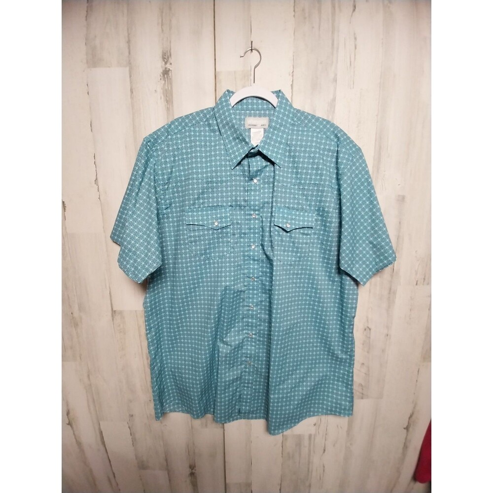 Wrangler Wrancher Shirt Men 2XT Blue Geometric Short Sleeve Pearl Snap Western